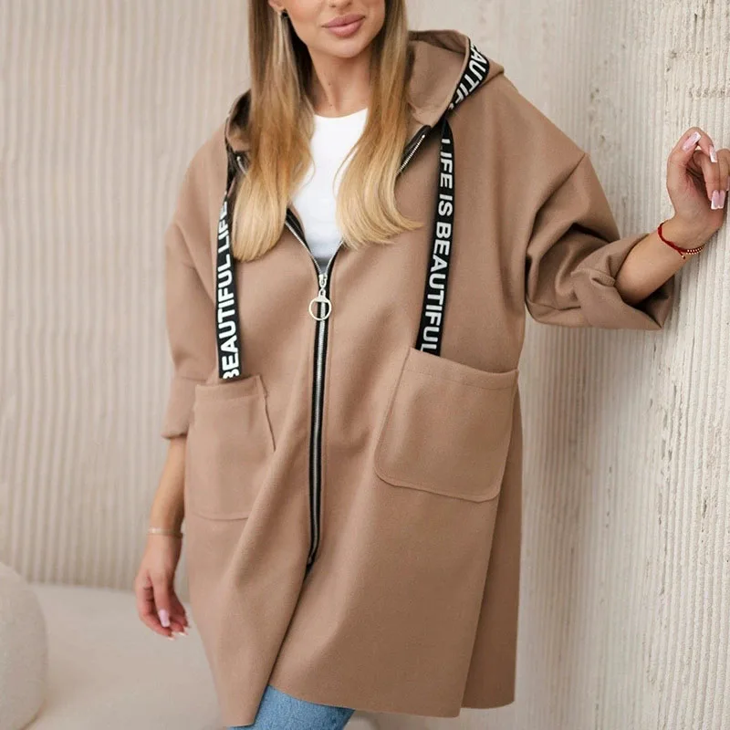 

Осенне-зимнее элегантное пальто с капюшоном на молнии, женская модная шерстяная куртка с надписью, повседневное свободное пальто с длинными рукавами и карманами