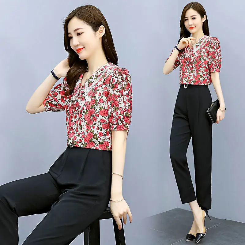 Casual Chiffon Shirt Professional Suit 2022 New Female Summer Lady Temperament Wear with Foreign Style Fashion Two-piece Set