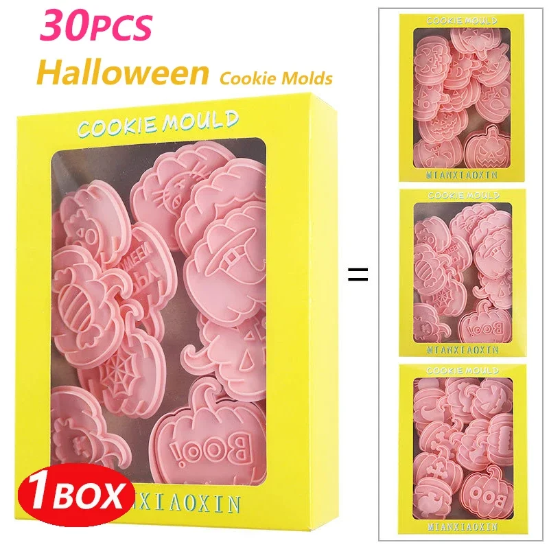 30Pcs Halloween Cookie Mold Hollow Pumpkin Ghost Cutting Mold Expression Changing Face Cookie Stamp Pressure Fondant Sugarcraft