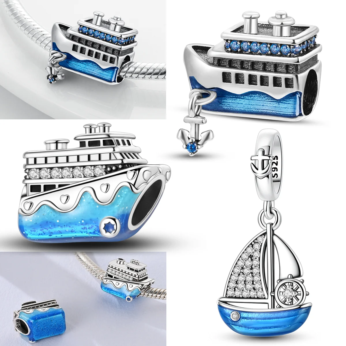 Traveling Blue Cruise Ship Charms Bead 925 Sterling Silver CZ Zircon Sailboat Pendants Fit Original Bracelet DIY Jewelry Gift