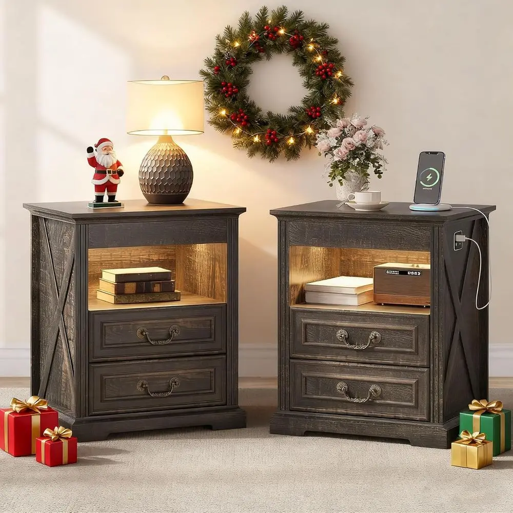 2-Piece Nightstand Set with Concealed Gun Storage, Charging Ports, and LED Lights