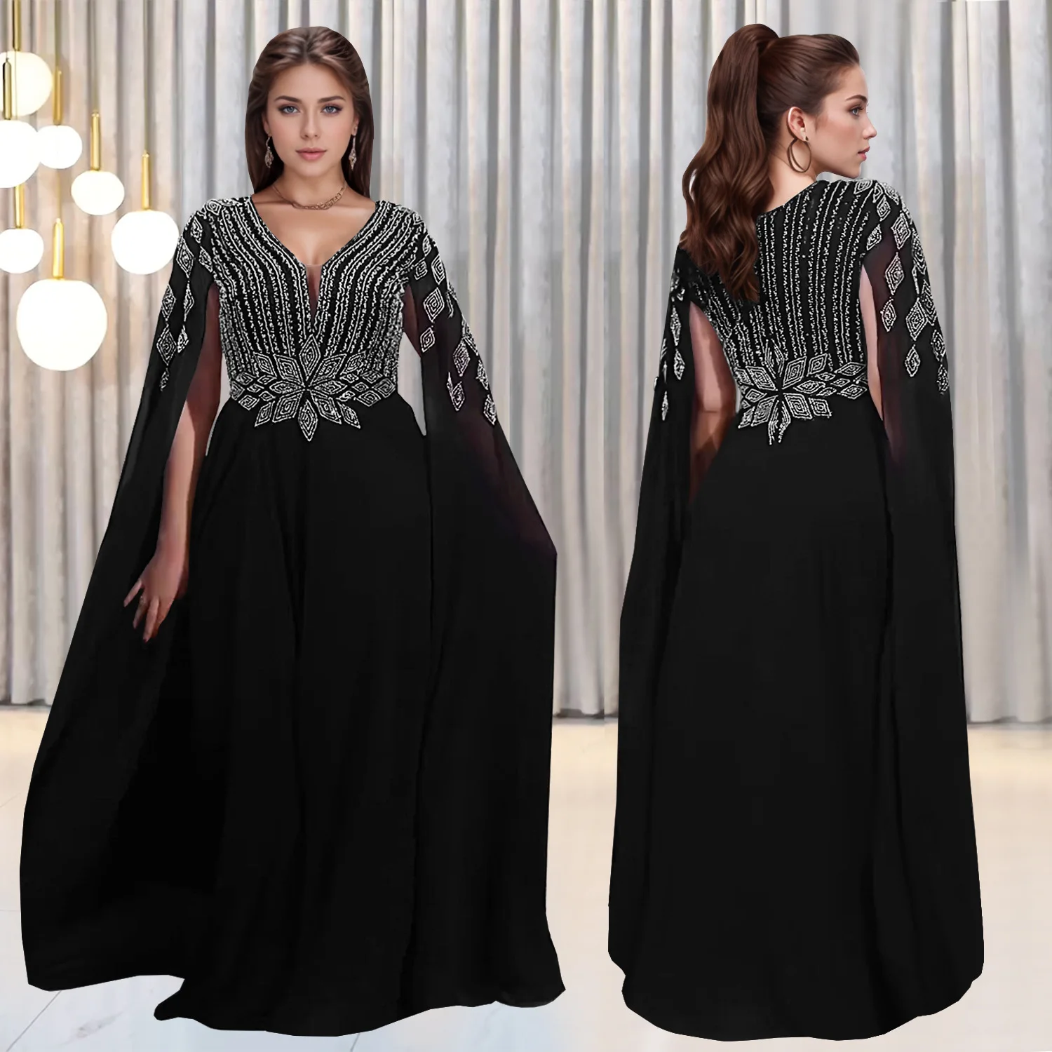 

Индивидуальный женский модный костюм в европейском и американском стиле для взрослых, элегантное шифоновое платье высокого класса с длинными рукавами и бриллиантами