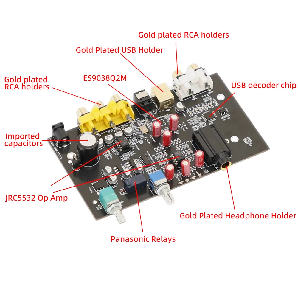 Digital ES9038Q2M Hifi DAC Decoder Rectifier Amplifier Board USB Audio JRC5532 3900UF/16V 96KHZ Coaxial Optical Output RCA