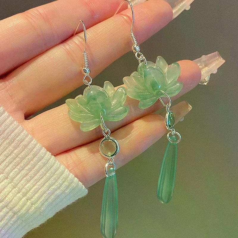 /HTF/1Pair Chinese Style Lotus Pendant Tassel Earrings For Women Girls Classic Retro Elegant Long Drop Earrings Jewelry Gifts