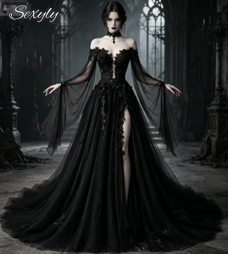 Whimsigoth Schwarzes Gothic-Hochzeitskleid 2026 – Märchenhafte Waldelfen-Boho-Brautkleider, A-Linie, Tüll, hoher Schlitz, ziviles Brautkleid, Spitze, Halloween
