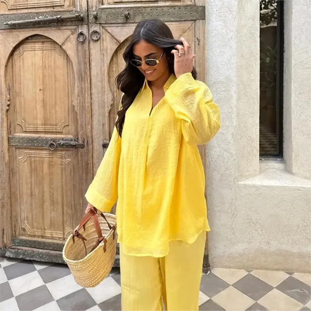 2025 Nuova Primavera Autunno Vestito delle Donne Con Scollo A V Moda Camicetta A Maniche Lunghe + Pantaloni a Gamba Larga Temperamento Camicia Pendolare Set a Due Pezzi