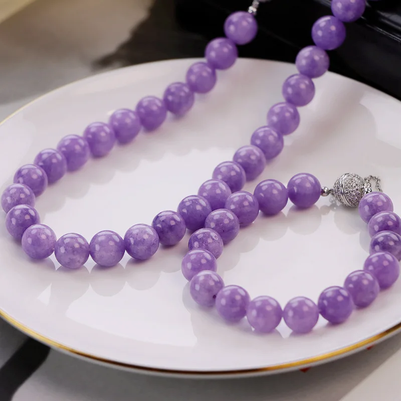 

Fashion Retro Lavender Elegant Purple Chalcedony Beads Necklace Sweet Round Natural Stone Chinese Style Handmade Bracelet Set