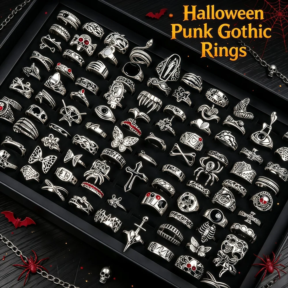 10/20/30/50pcs/Lot Retro Punk Gothic Spider Skull Halloween Ring Set For Women Men Mix Style Hip Hop Rock Jewelry Party Gifts