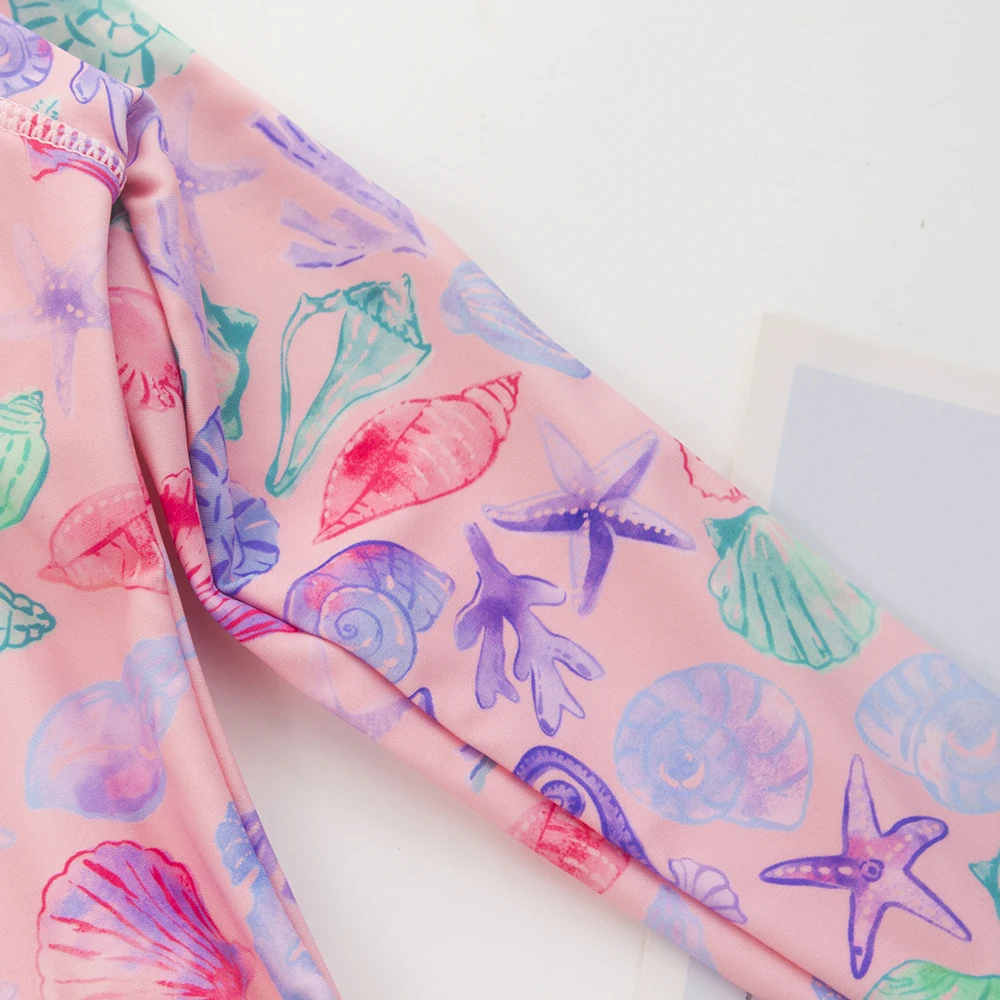 1-5 Year 1-piece Quick-Drying Shell Print Sunscreen Girls Swimsuit Zipper High Stretchy Long Sleeved Round Neck Kids Swimwear ﻿