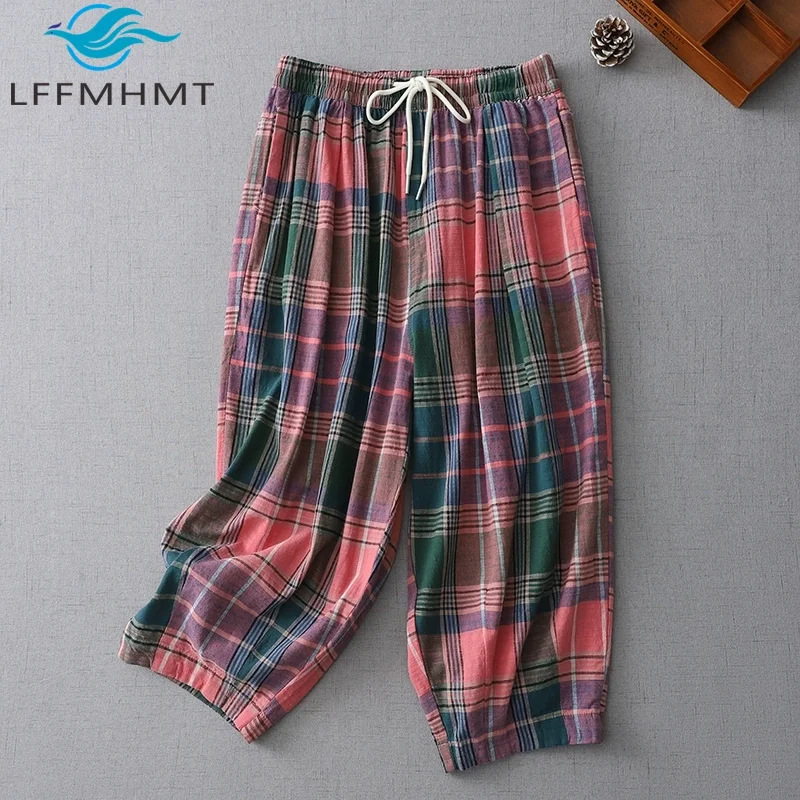 

Classical Retro Plaided Pants for Women Summer Fashion Elastic Waist Loose Casual Cotton Linen Straight Trouser Female Clothes