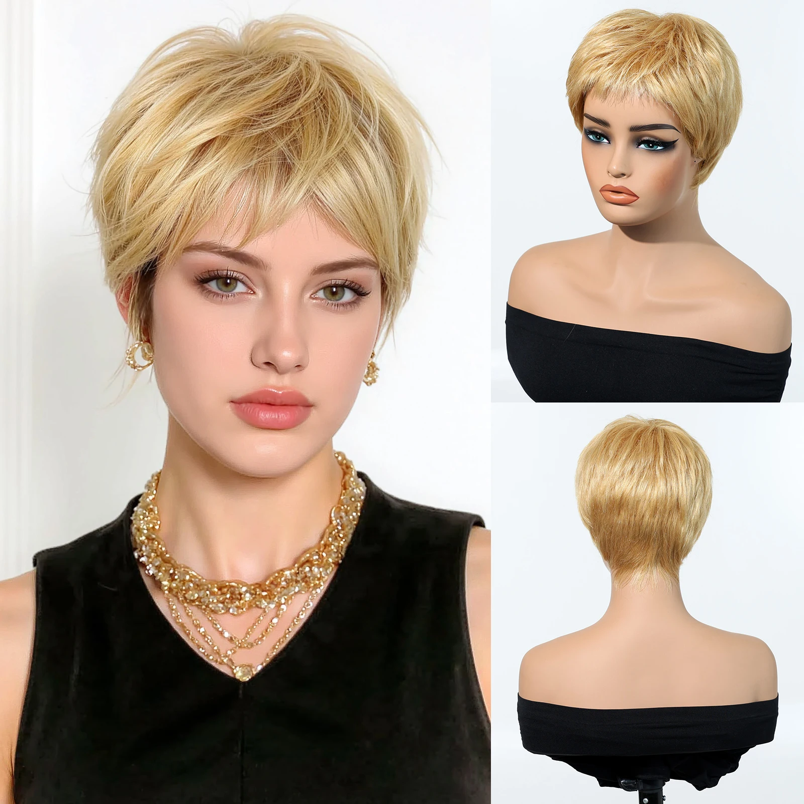 

100% человеческие волосы Remy, короткие прямые золотисто-русые парики, короткие парики с стрижкой пикси с челкой, парики из человеческих волос для женщин, машинное производство