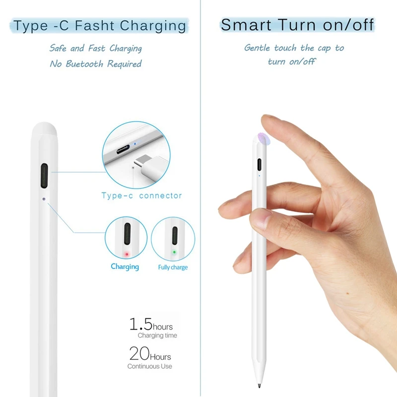 Stylus Pen para Apple Pencil 2, Stylus para iPad Pro 11, 12.9, 9.7, Air 3, Mini 5, Lápis Ativo Sem Delay, Drawing Pen, Branco