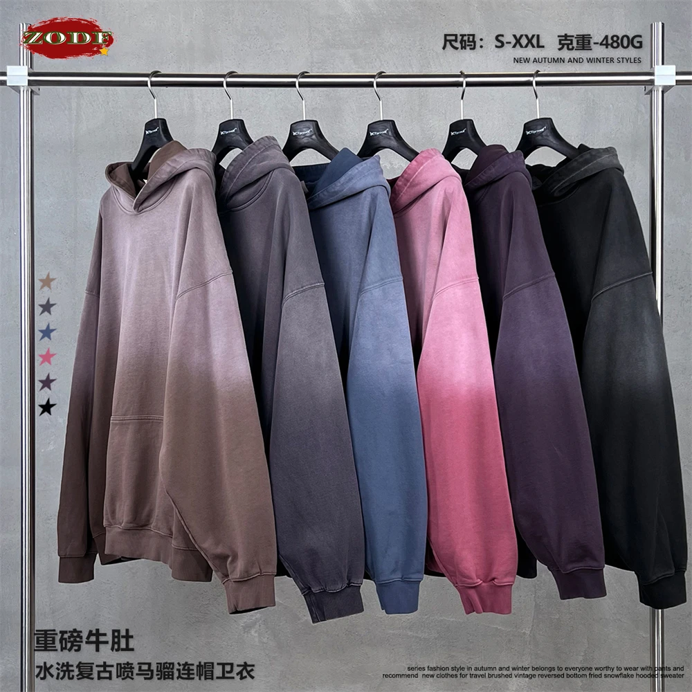 ZODF Vintage 480gsm Monkey Washed Gradient Cotton Hoodies For Man Unisex Retro High Street Distressed Hooded Pullovers  HY1147