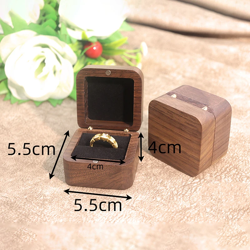 Caja de joyería de nogal, caja de anillo de boda de madera maciza, mesa de almacenamiento de joyería pequeña para anillo de diamante de matrimonio