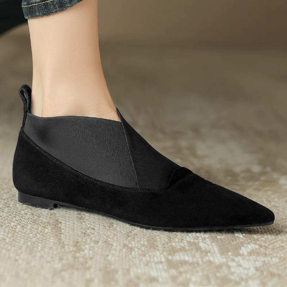 Pointed toe flats shoes for women natural suede leather elastic fabric patchwork slip-on espadrilles casual daily shoes women