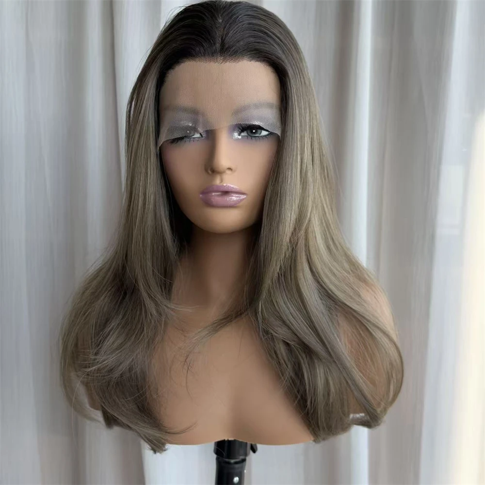 Ombre Brown with Blonde Streaks Synthetic HD Lace Front Wig Mixed Human Hair Glueless Preplucked Hairline Natural Straight Wig