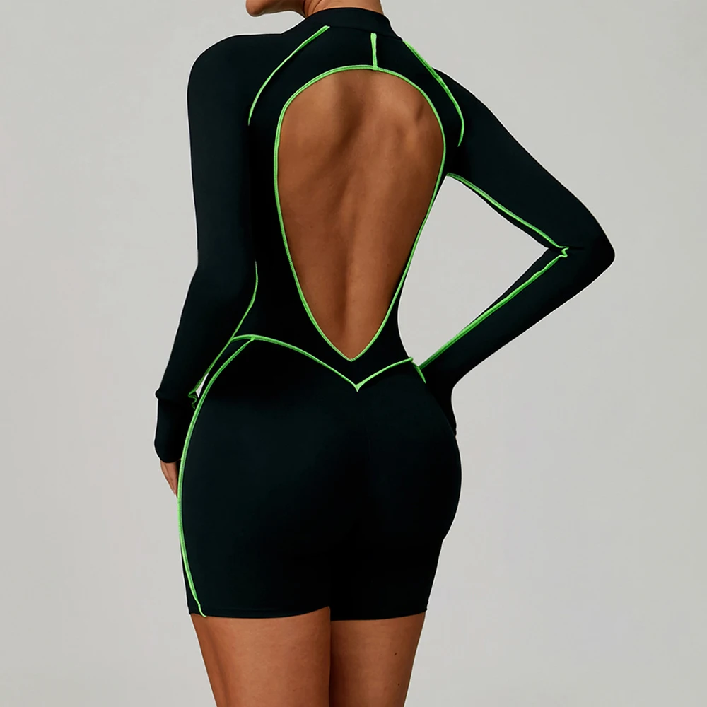 Yoga Boilersuit Women's Gym Set Sportswear Long Sleeved Zipper Jumpsuits Workout High-intensity Fitness One-piece Short Rompers