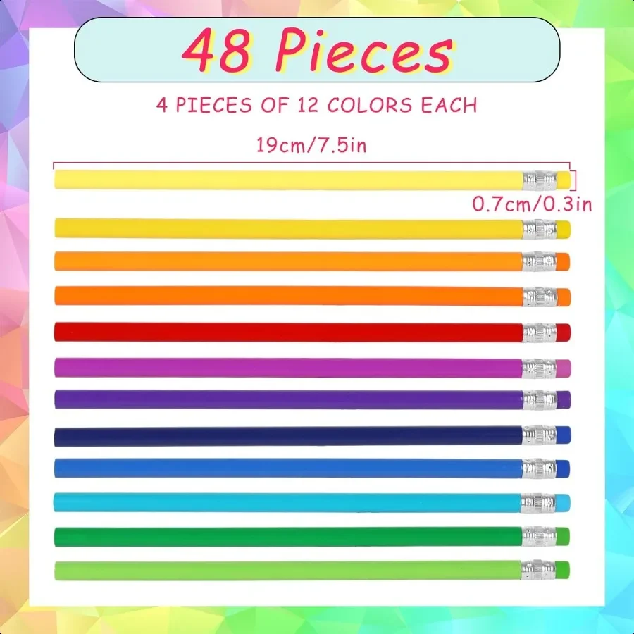 48 قطعة من أقلام الرصاص الملونة مع ممحاة، قلم رصاص خشبي ملون بألوان قوس قزح، أقلام رسم غير شحذة لطلاب العودة إلى المدرسة
