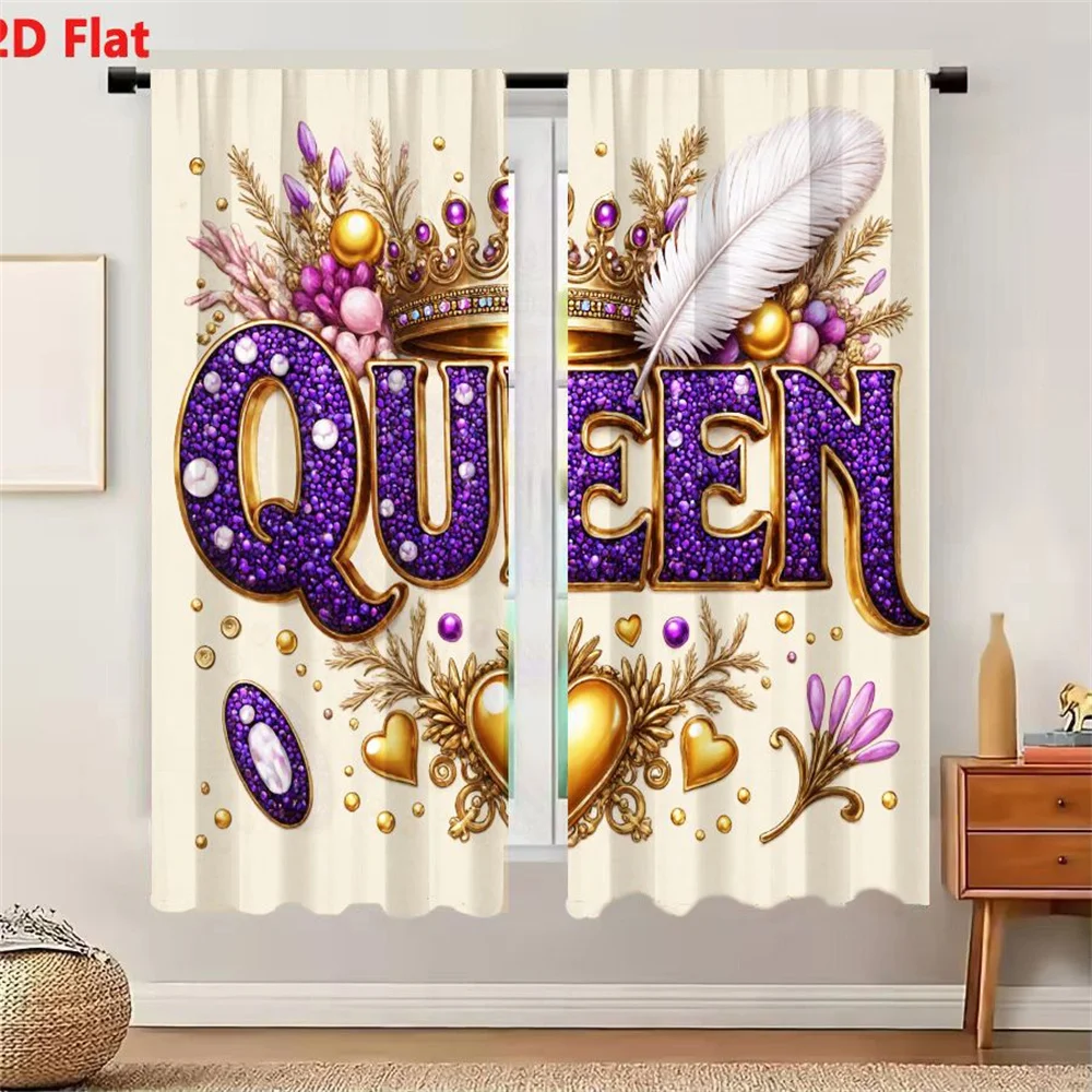 2Pcs Curtains 2D Flat QUEEN Decorative Ornate Design Purple Gemstones Golden Crown Feathers Flowers Hearts Royal Elegant Opulent