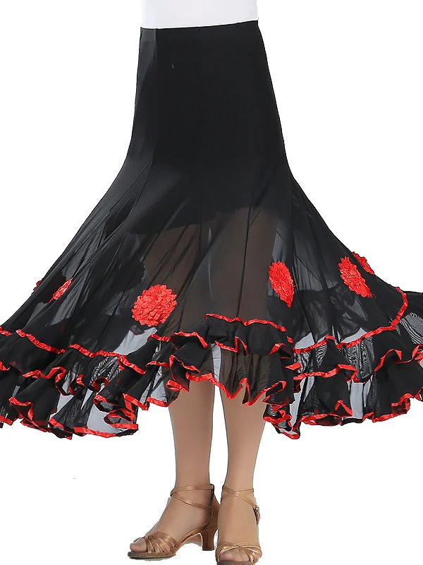 Double-deck Ballroom Dance Skirt Women Big Swing Flower Long Skirt Modern Waltz Tango Social Dance Wear Dresses Stage Costume