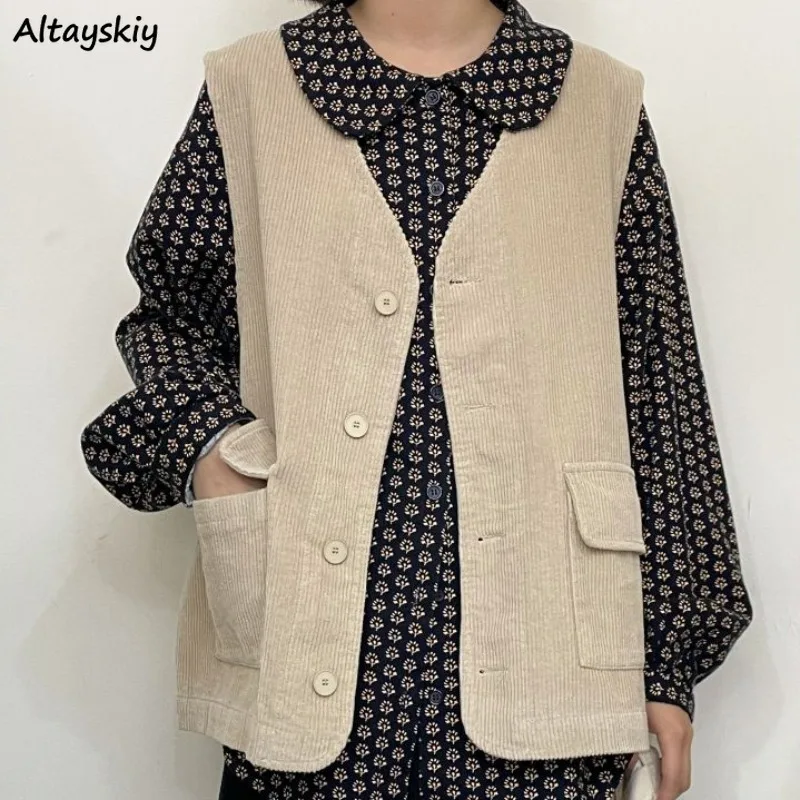 

Vintage Vests Women Corduroy V-neck Sleeveless All-match Coats Versatile Baggy Tops Preppy Style Gentle Outwear Pockets Newly