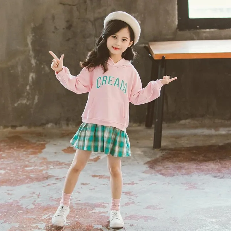 أطفال بنات ملابس مطوي فستان فتاة مقنعين البلوز وهمية قطعتين فستان 3 4 5 6 7 8 9 10 سنوات