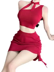 Summer Fashion Women's Clothing Round Neck Hanging Neck Bow Strap Asymmetric New Exotic Wrinkle Strap Sexy Short Skirt Set 3IAD