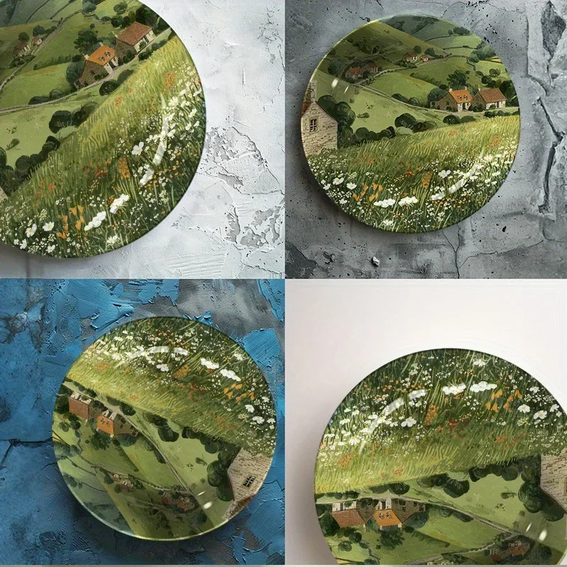 1pc Hand Painted Ceramic Decorative Plate | Countryside Landscape Wall Art, Round Shape, Art Deco Style, Non-Food Contact,