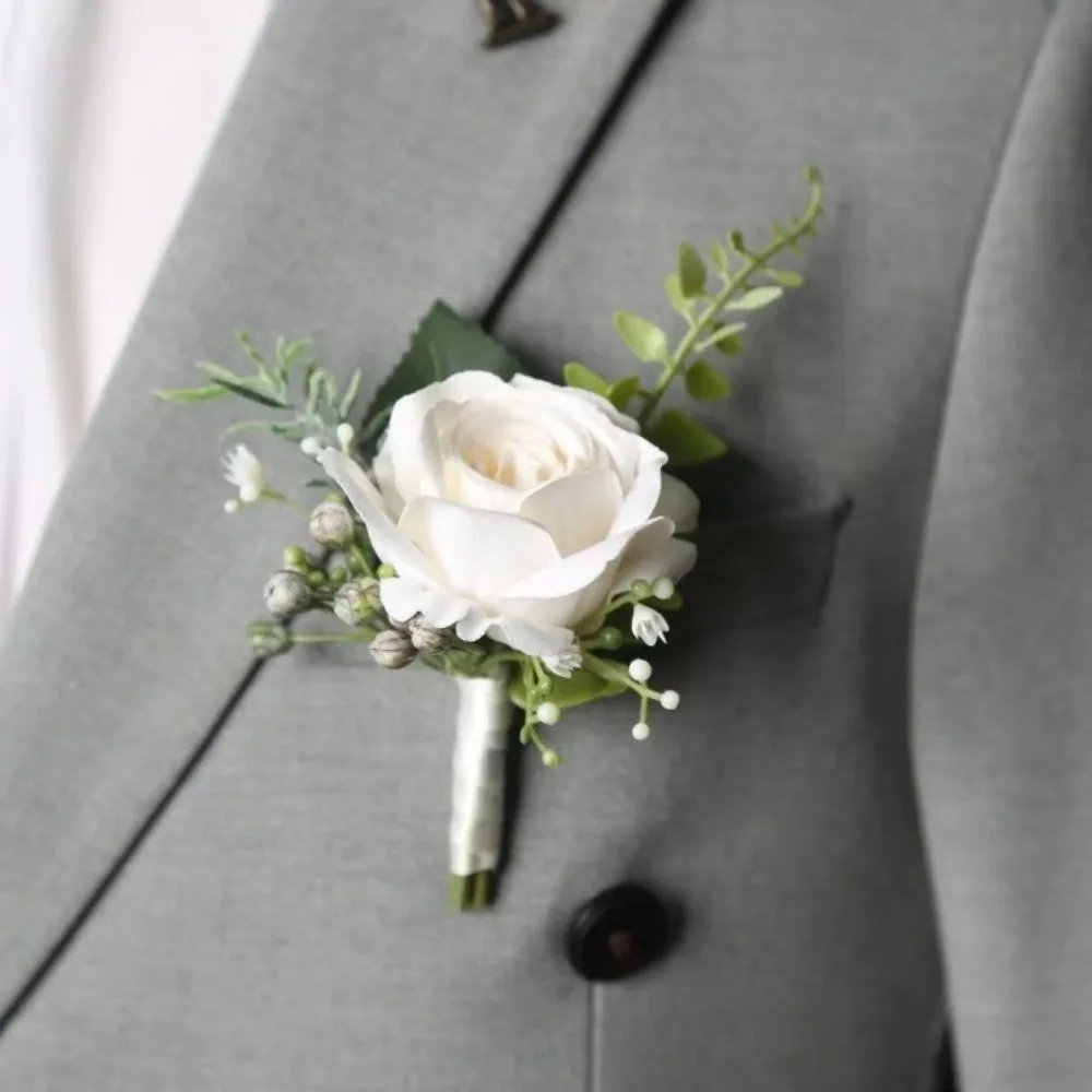 Elegant Boutonniere Flowers Exquisite Artificial Silk Flowers Wedding Accessories White Roses Pearl White Wrist Corsage Man Suit