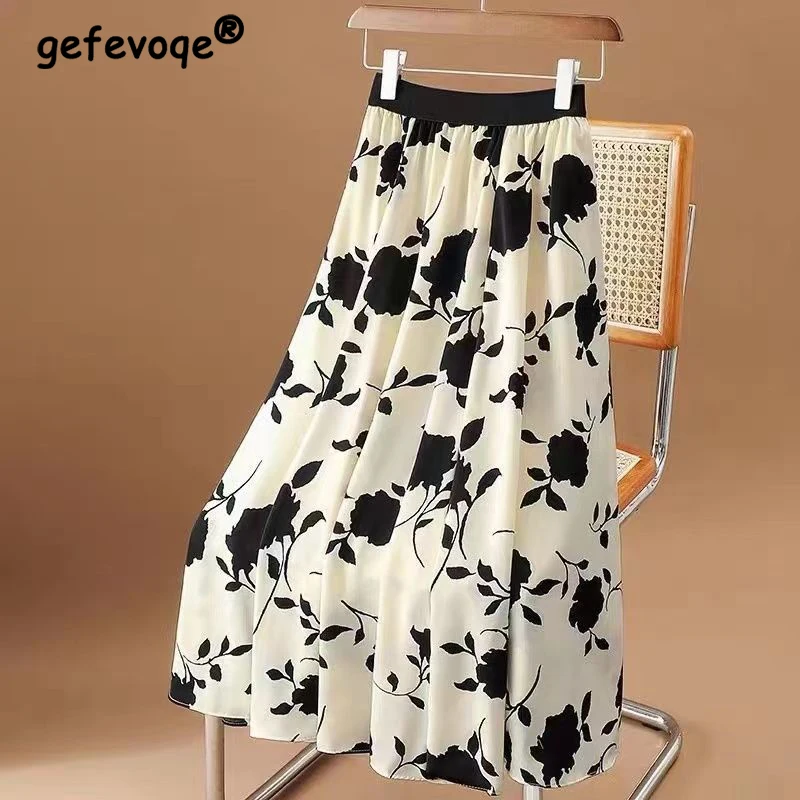 2022 Summer New Elegant Fashion All-match A-line Skirt Women High Waist Printed Aesthetic Chic Chiffon Drape Pleated Lady Skirt