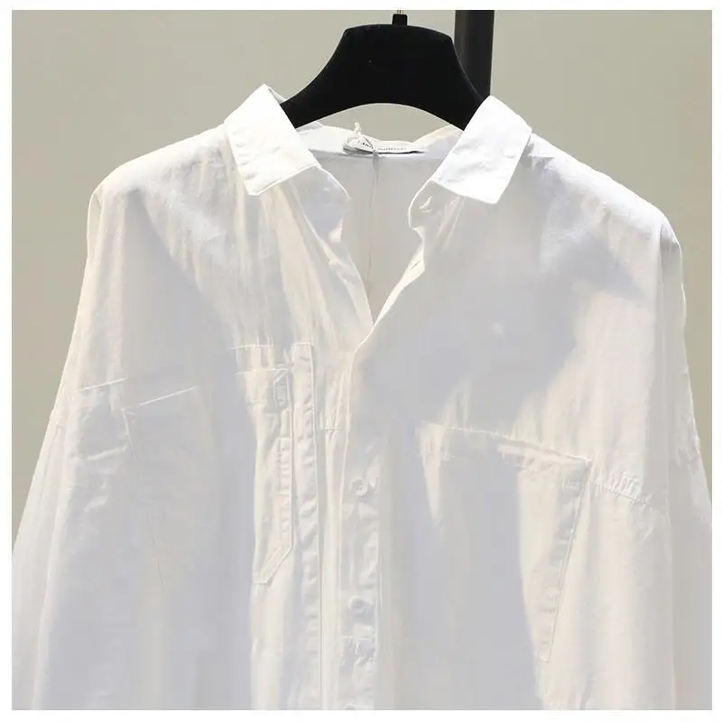 2024 Autumn Korean Edition Loose Double Pocket Mid length White Shirt Women's Design Sense BF Style Casual Shirt Trend