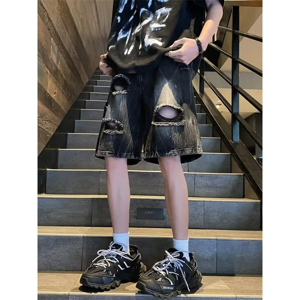 Celana Pendek Denim Robek Celana Lima Kuartal Olahraga Lurus Longgar Serbaguna Pria