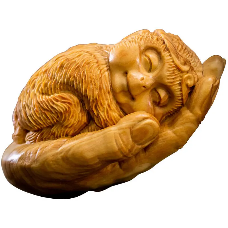 Boxwood Carved Monkey in Hand Statue Carving Figurine Animal Netsuke Decor