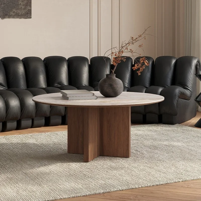 Meja Kopi, Gaya Prancis, Vintage, Travertine, Batu Slate, Amerika Utara, Kayu Walnut Hitam, Bulat