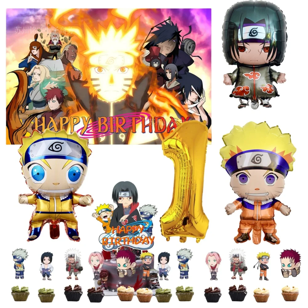 Anime NARUTO tema niño suministros de fiesta de cumpleaños decoración dibujos animados Uchiha Sasuke globo telón de fondo pastel Topper Banner niño bebé regalo