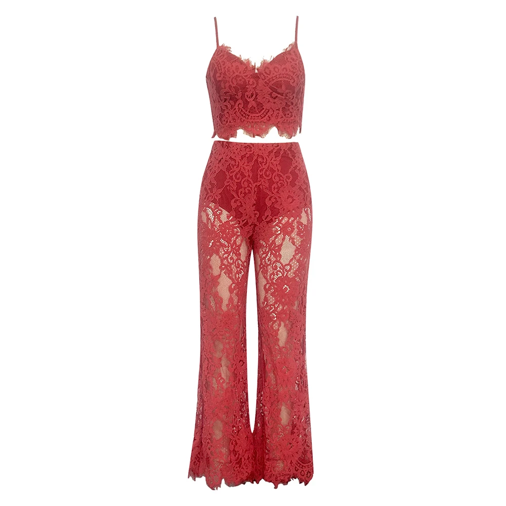 Europe And The United States Hot New Rose Red Strap With Lace Mesh See-Through Pants