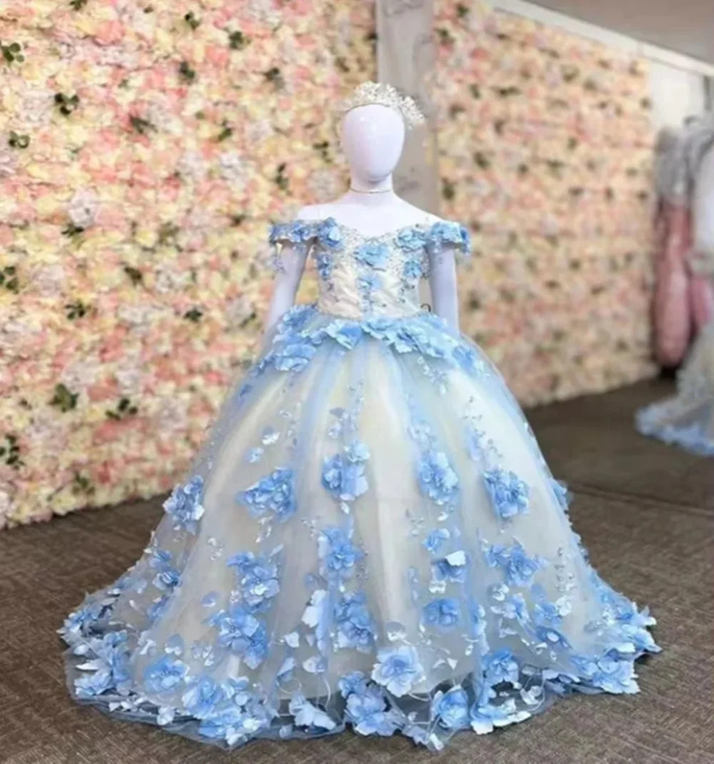 

Customized Luxury Flower Girl Dresses For Wedding 3D Floral Appliques Elegant Princess Birthday Party First Communion Ball Gown
