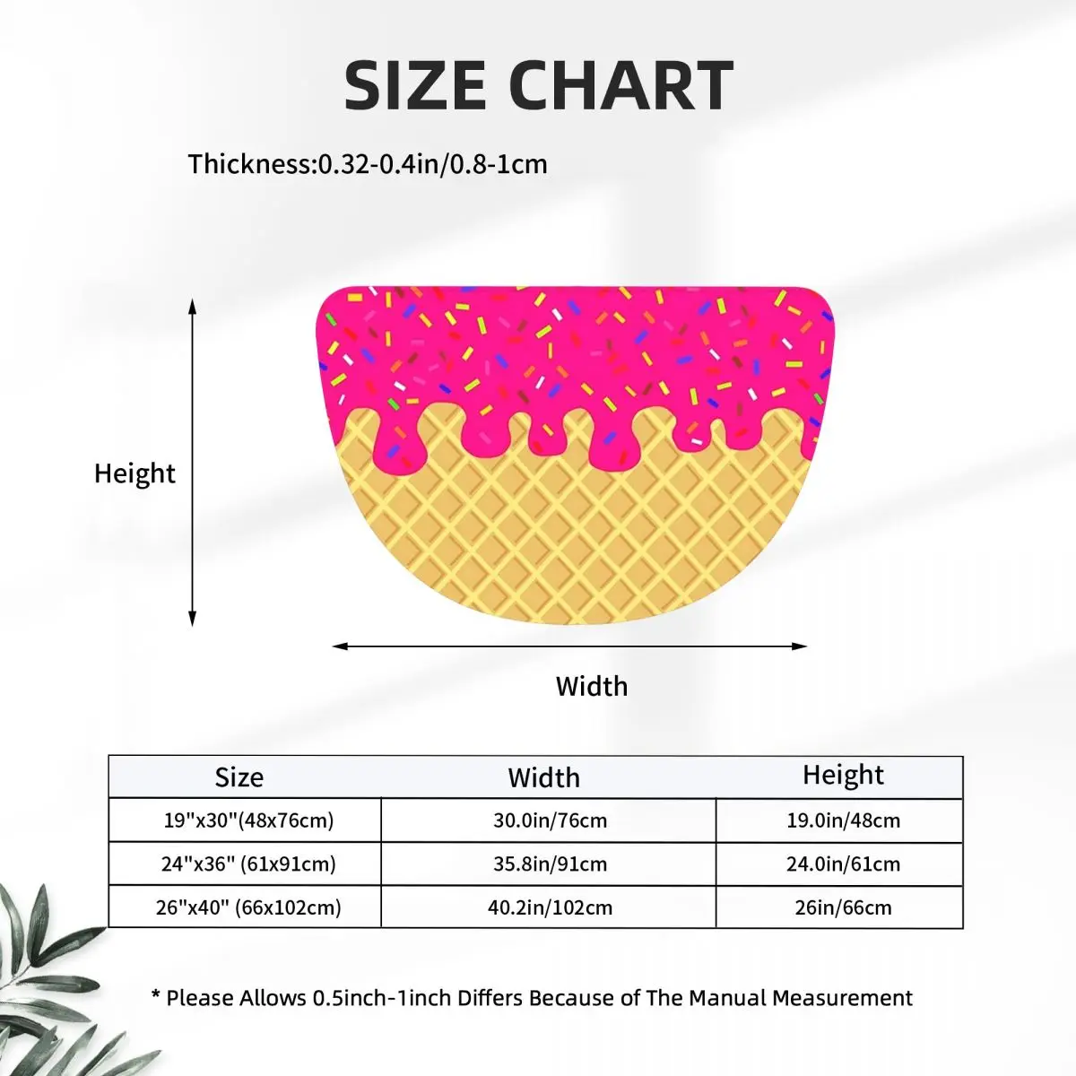 STRAWBERRY Ice Cream Waffle Cone Soft Flannel Half Round Doormat Non Slip Bathroom Mat Absorbent Floor Carpet for Garage