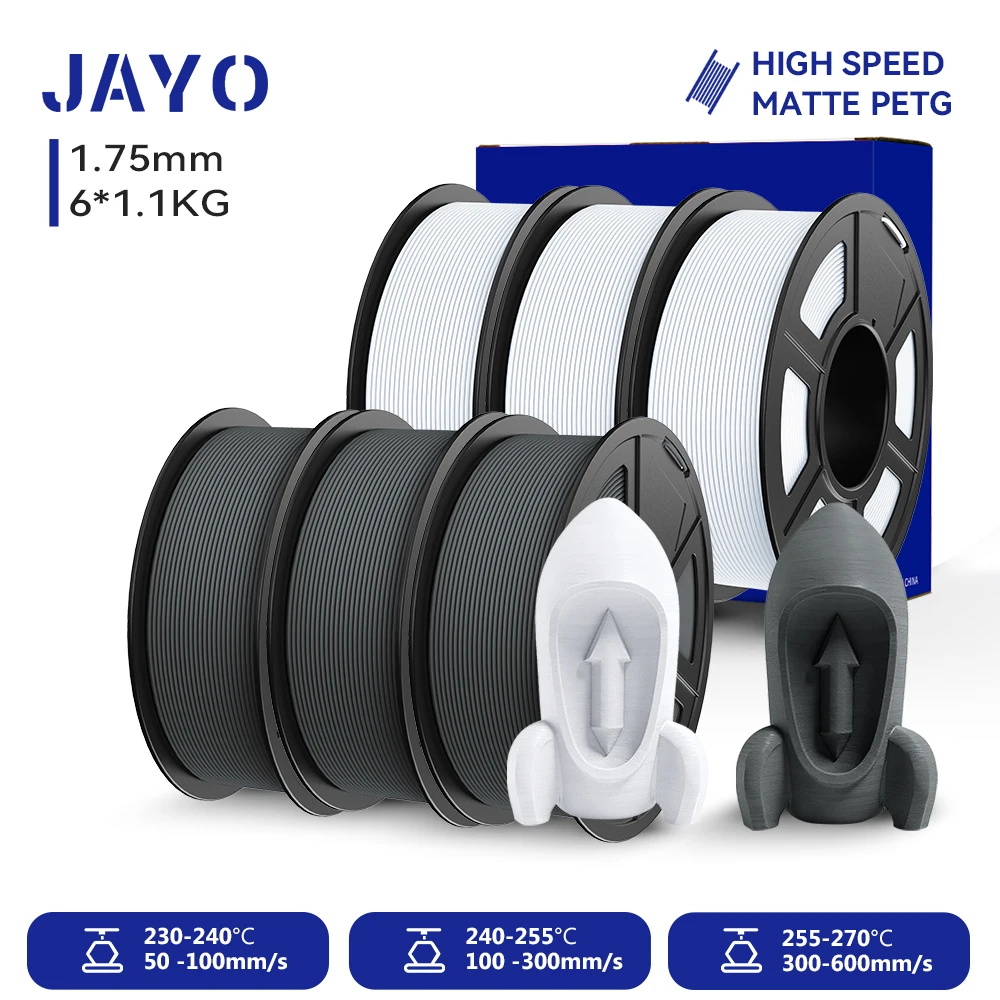 JAYO PETG 3D-Filament 1,75MM Hochgeschwindigkeits-Mattes PETG 3D-Drucker-Filament 6 Rollen High-Flow Speedy Matte Effekt 3D-Druckmaterialien