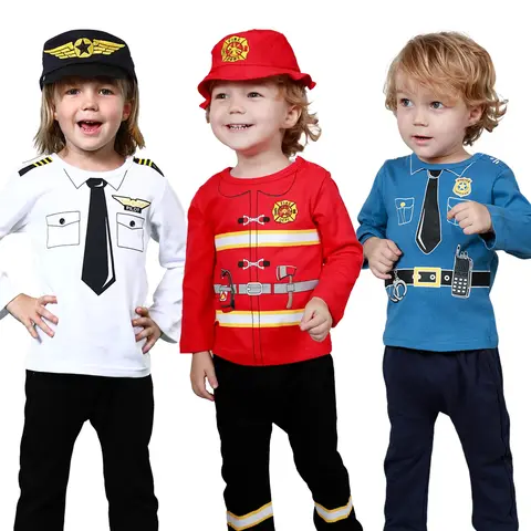 Boys Pilot Costumes Baby Firefighter Clothing Infant Police Cosplay Party Outfits Set Long Pants with Hat Halloween Costume