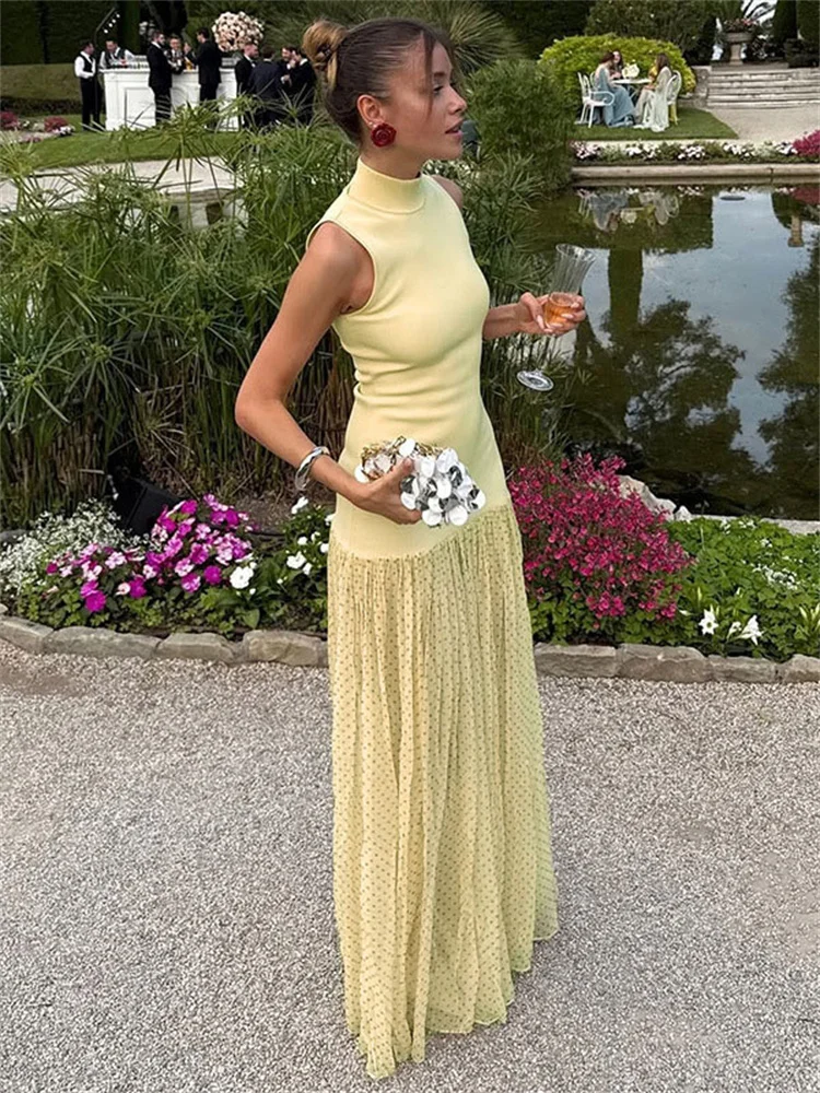 Tossy Mesh Patchwork Fashion Long Dress For Women Sleeveless High Waist Elegant Commute Party Dress Female Slim Maxi Dress 2025