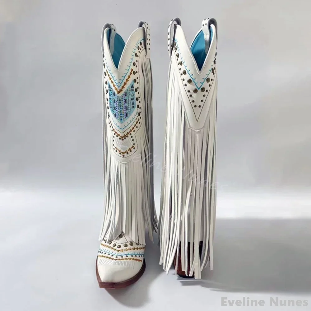 Embroidery Rhinestone Fringe Retro Boots Women Pointed Toe Chunky Heel Mixed Colors Slip On Western Cowboy Boots New Trend Boots