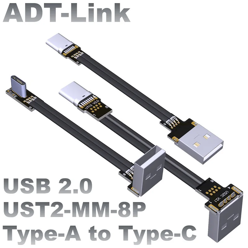 ADT-Link 5A USB 2.0 USB-A to Type-C Ribbon Cable Fold 90° Ultra Slim Flat Charge Data Cord FPV Brushless Handheld Gimbal Monitor