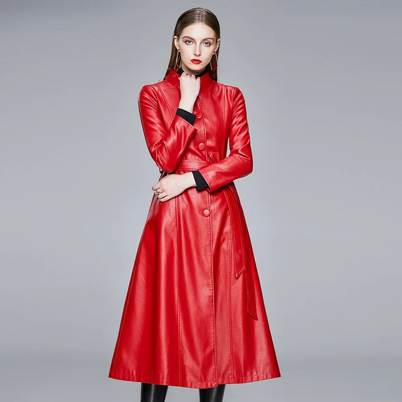 PinkyIsBlack 2023 New Autumn Winter Long Waterproof Leather Trench Coat for Women Long Sleeve Loose Korean Fashion Clothes