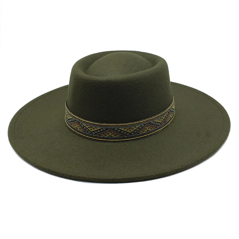 

2021 Autumn And Winter New Retro Ethnic Style 9.5 Brim Woolen Woolen Hat Concave-convex Top Men's And Women's Top Hat Big Brim