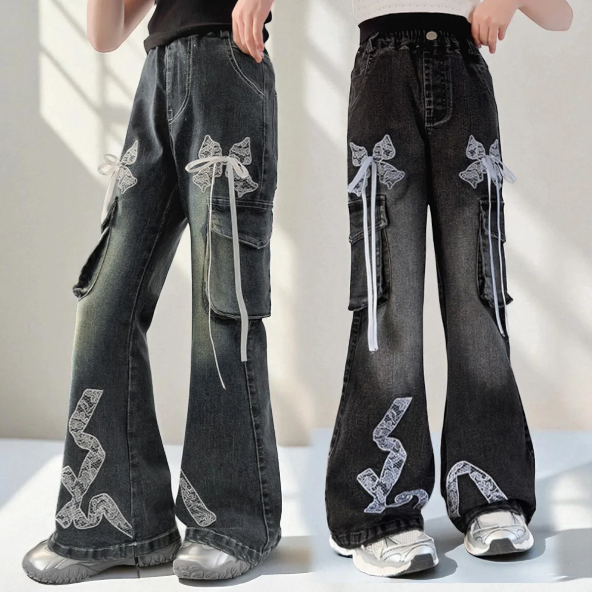 

Big Girls Lace Denim Pants Girls Flare Jeans Kids Cargo Pants Girls Bootcut Trousers Streetwear Children Clothes 6 8 10 12 Year