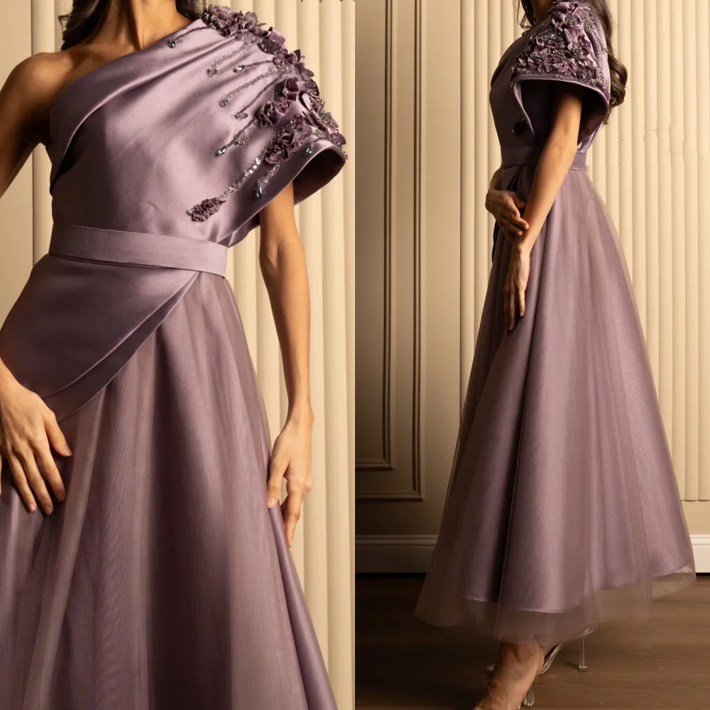 

Customized Matching Charmeuse Pleat Applique A-line One-shoulder Long Dresses Bespoke Occasion Exquisite Classic