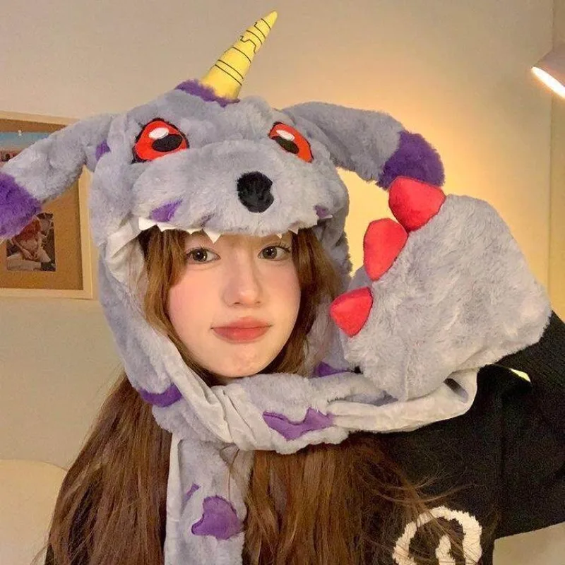 Digimon Adventure Gabumon Men and Women Winter Ersonality Cartoon Ears Moving Plush Hat Scarf Gloves Three-piece Set in Stock