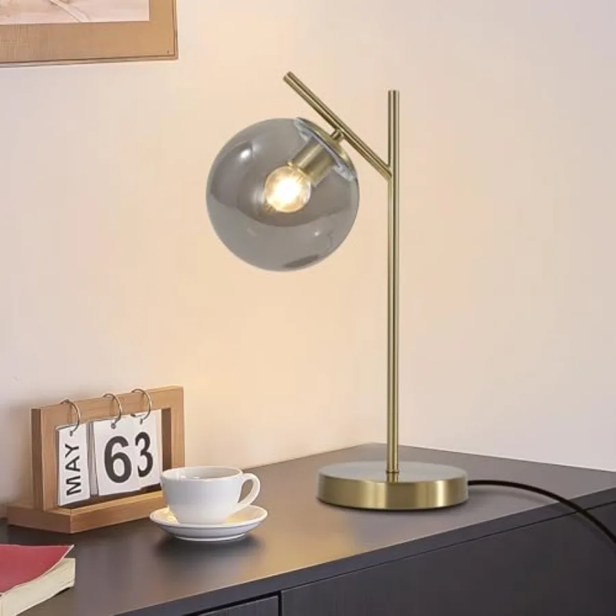 

Mid Century Desk Lamp, Glass Globe Table Lamp with Gray Glass lampshade, Gold Modern Bedside Lamps for Bedroom Living Room Stud