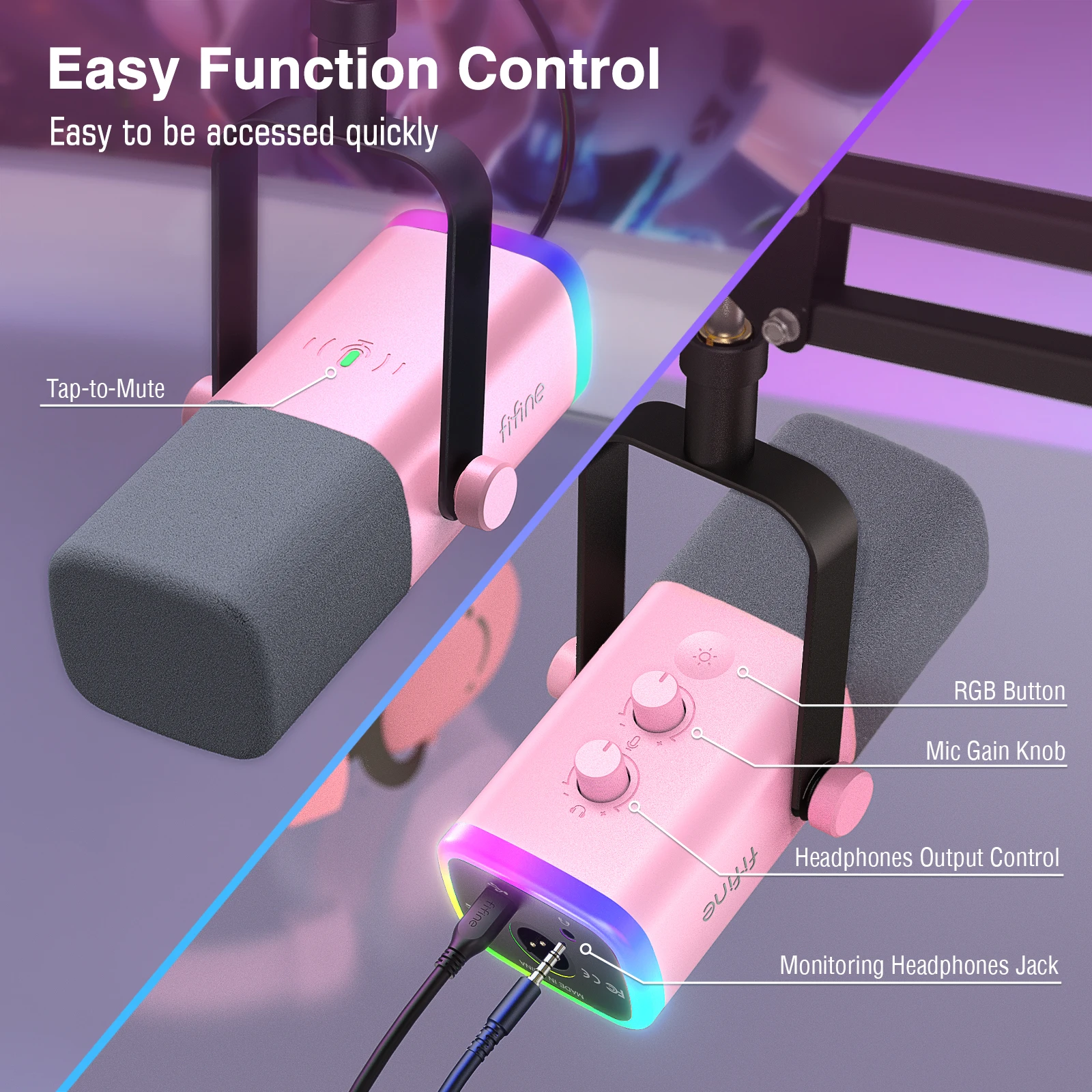 Imagem -03 - Fifine-kit Microfone Dinâmico com Botão de Ganho Monitor Rgb Braço Boom Conjunto de Microfone para pc Ps5 Ps4 Mixer Consola de Jogos Usb Xlr Rosa Am8tp